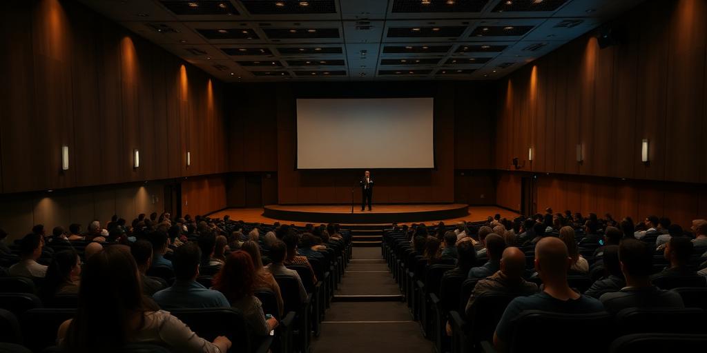 University lecture hall with projection screen and students
