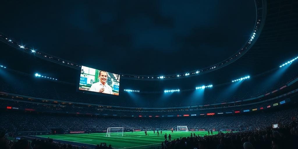 Stadium at night with large LED scoreboard and crowd