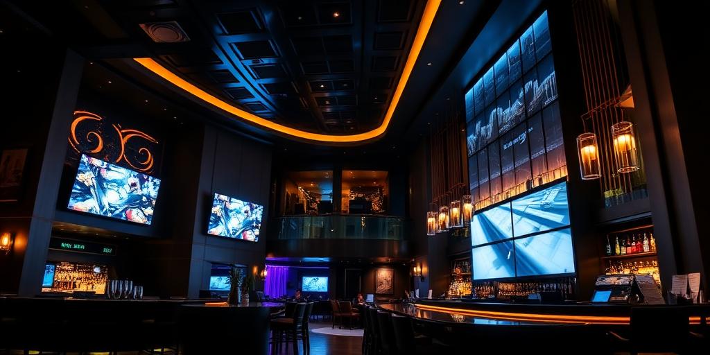 Hotel lobby bar with digital signage displays