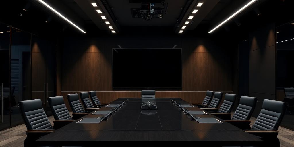 Corporate boardroom with integrated video conferencing display
