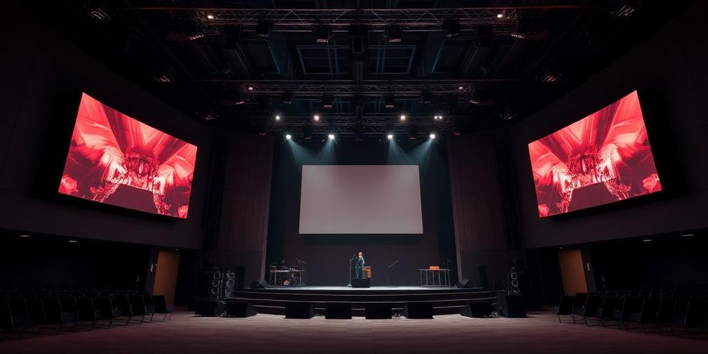 Church sanctuary stage with sound system, lighting, and screens