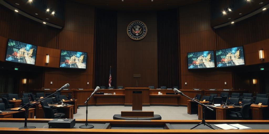 Government council chamber with microphones and displays