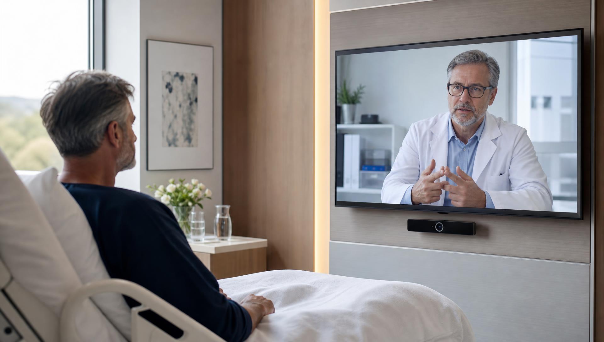 Patient in a modern hospital room on a video consultation with a remote physician displayed on a large wall-mounted screen