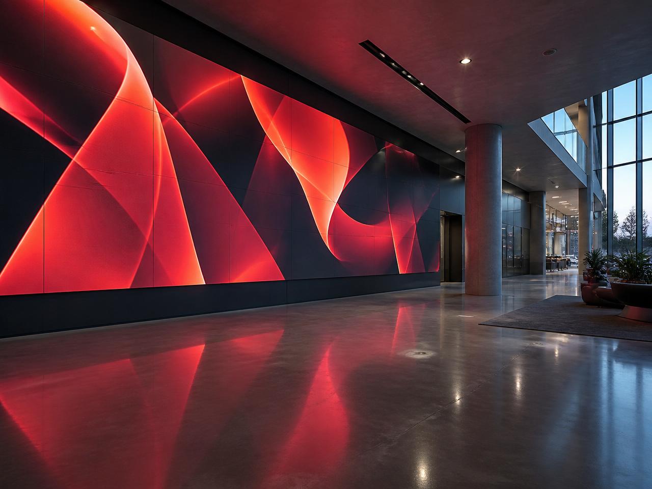 Large-format LED video wall installation in a corporate lobby